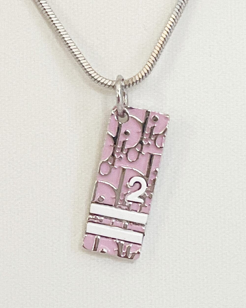 DIOR Oblique Trotter Pendant Necklace Pink #2 Rectangle Bar Womens PreOwned